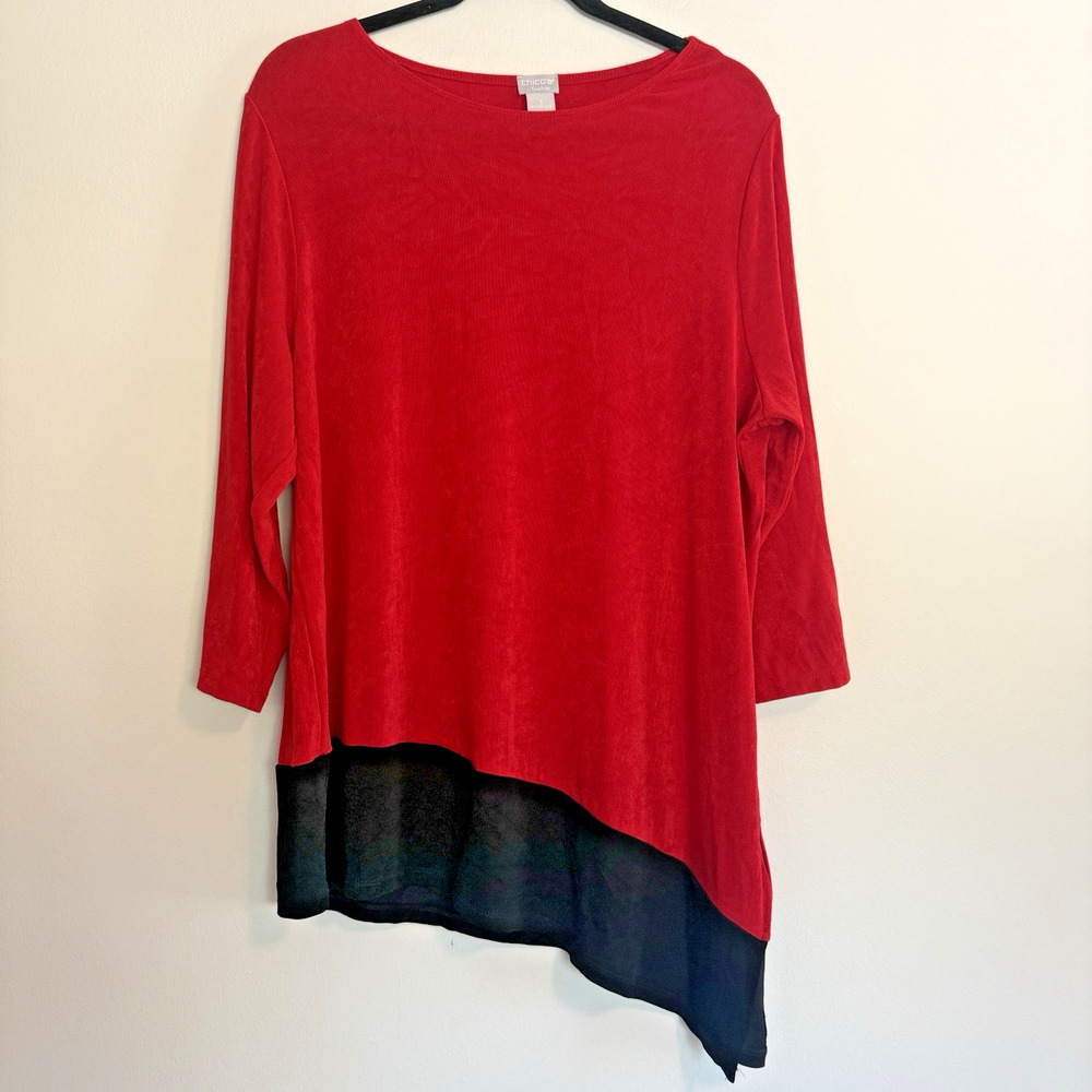Chico's Travelers XL SZ 16 Asymmetric Pointed Hem Tunic Shirt Top Red Black